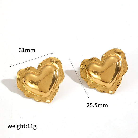 Trendy Stainless Steel Heart Shaped Stud Earrings For Women With Irregular Lava Heart Design And Real Gold Plated Finish