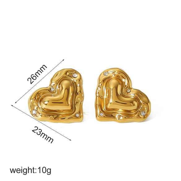Trendy Stainless Steel Heart Shaped Stud Earrings For Women With Irregular Lava Heart Design And Real Gold Plated Finish