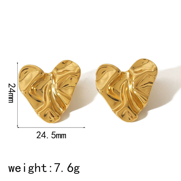 Trendy Stainless Steel Heart Shaped Stud Earrings For Women With Irregular Lava Heart Design And Real Gold Plated Finish