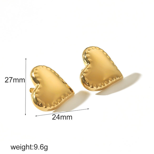 Trendy Stainless Steel Heart Shaped Stud Earrings For Women With Irregular Lava Heart Design And Real Gold Plated Finish