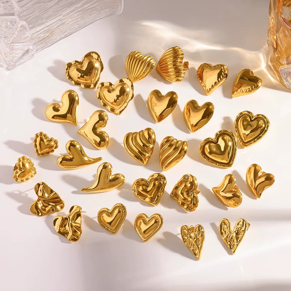 Trendy Stainless Steel Heart Shaped Stud Earrings For Women With Irregular Lava Heart Design And Real Gold Plated Finish