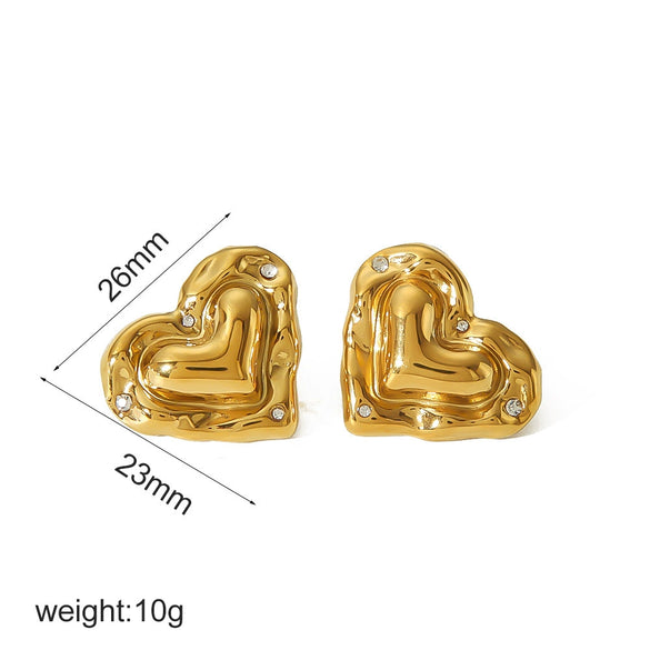 Trendy Stainless Steel Heart Shaped Stud Earrings For Women With Irregular Lava Heart Design And Real Gold Plated Finish