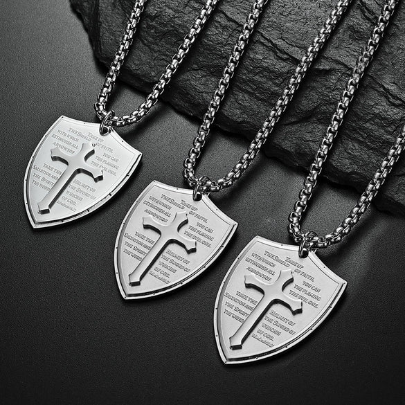 Trendy Stainless Steel Shield Pendant Unisex Necklace With Round Beads And Electroplating Treatment Geometric Style