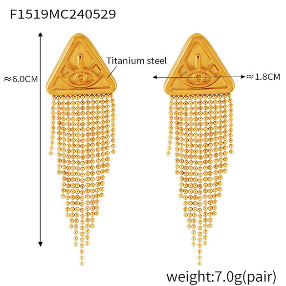 Trendy Titanium Steel Electroplated Women's Earrings With Geometric Pattern And Triangle Devil's Eye Long Round Bead Tassel