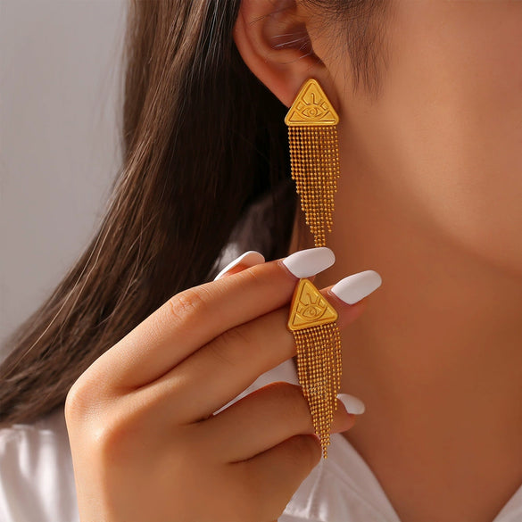 Trendy Titanium Steel Electroplated Women's Earrings With Geometric Pattern And Triangle Devil's Eye Long Round Bead Tassel