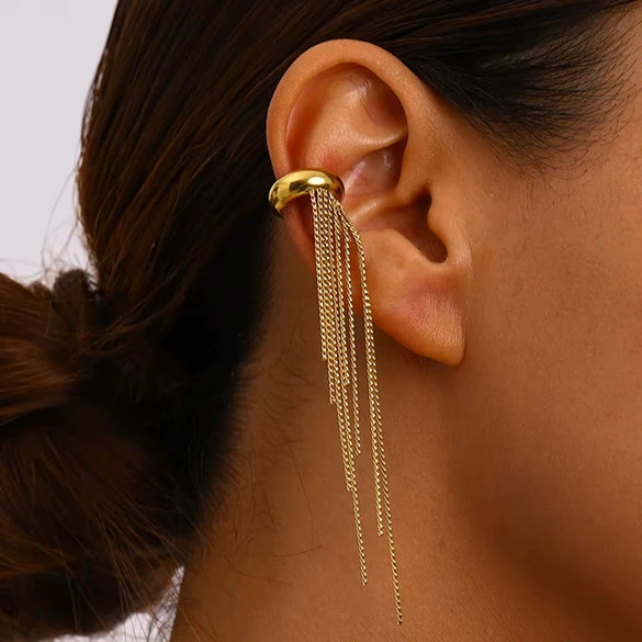 Trendy Unique Tassel Hoop Ear Clips Non Pierced Ear Cuffs Women's Accessories Stainless Steel Vacuum Plated Earrings