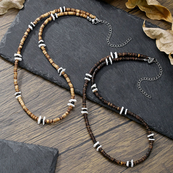 Trendy Unisex Hiphop Bohemian Style Shell Coconut Shell Wood Beads Stitching O Chain Necklace Handmade Geometric Pattern Stainless Steel Fadeless