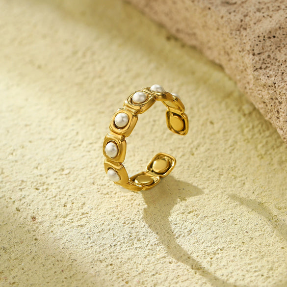Trendy Versatile Open Ring Stainless Steel Jewelry Inlaid With Pearls Light Luxury Style Electroplated