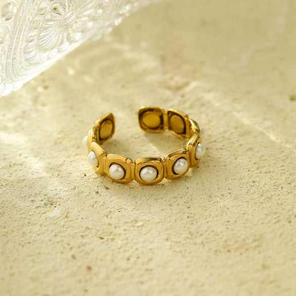 Trendy Versatile Open Ring Stainless Steel Jewelry Inlaid With Pearls Light Luxury Style Electroplated