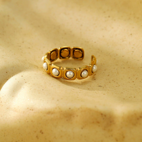 Trendy Versatile Open Ring Stainless Steel Jewelry Inlaid With Pearls Light Luxury Style Electroplated