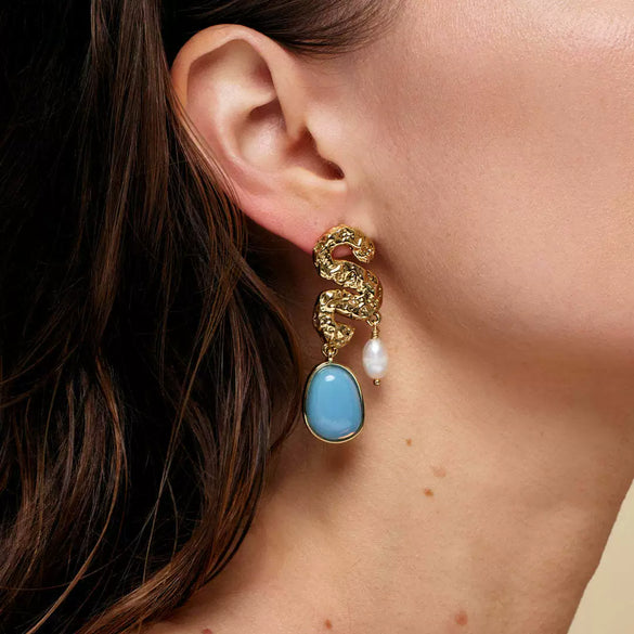 Trendy Women's Stainless Steel Earrings With Gold Snake Pattern And Gold Inlaid