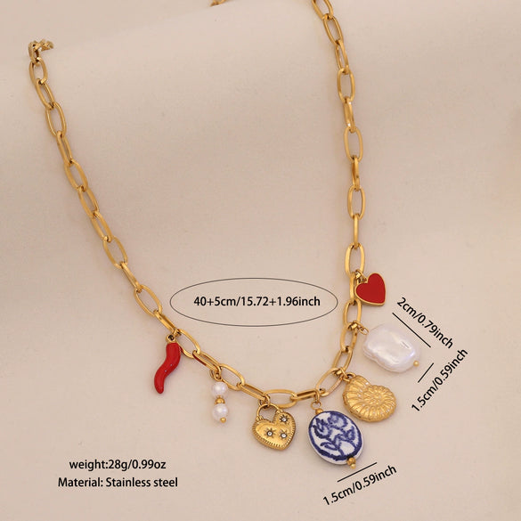 Trendy Women's Stainless Steel Geometric And Heart Shape Electroplated Necklace Jewelry