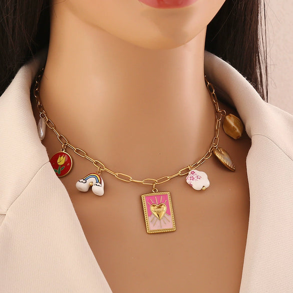 Trendy Women's Stainless Steel Geometric And Heart Shape Electroplated Necklace Jewelry