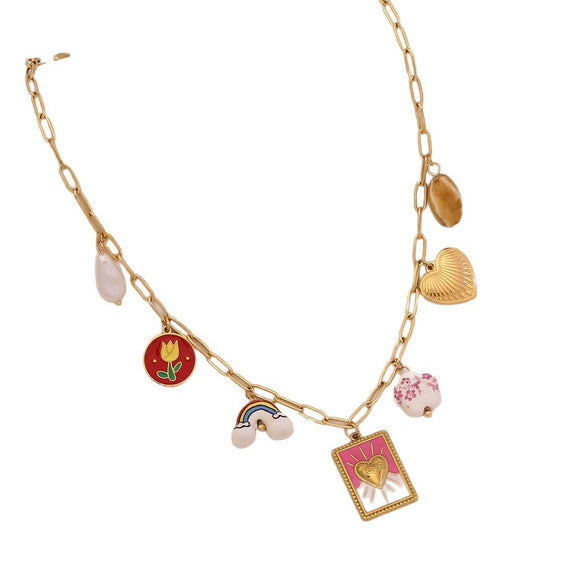 Trendy Women's Stainless Steel Geometric And Heart Shape Electroplated Necklace Jewelry