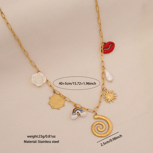 Trendy Women's Stainless Steel Geometric And Heart Shape Electroplated Necklace Jewelry