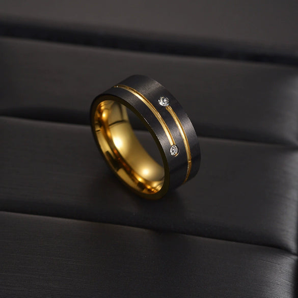 Trinket Neutral Titanium Steel Ring Electroplated Twocolor Black Gold Inlaid With Diamond Geometric Style