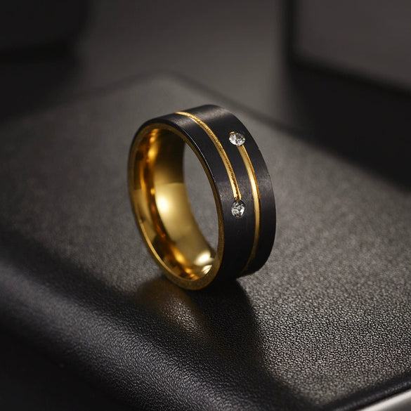 Trinket Neutral Titanium Steel Ring Electroplated Twocolor Black Gold Inlaid With Diamond Geometric Style