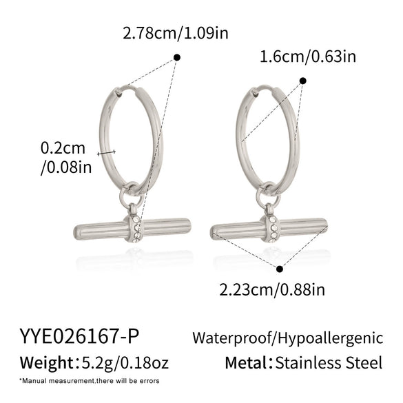Tshaped Geometric Zircon Pendant Earrings Stainless Steel With Vacuum Pvd Gold Plating Women's French Retro Style