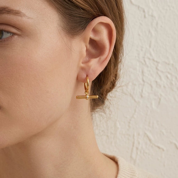 Tshaped Geometric Zircon Pendant Earrings Stainless Steel With Vacuum Pvd Gold Plating Women's French Retro Style