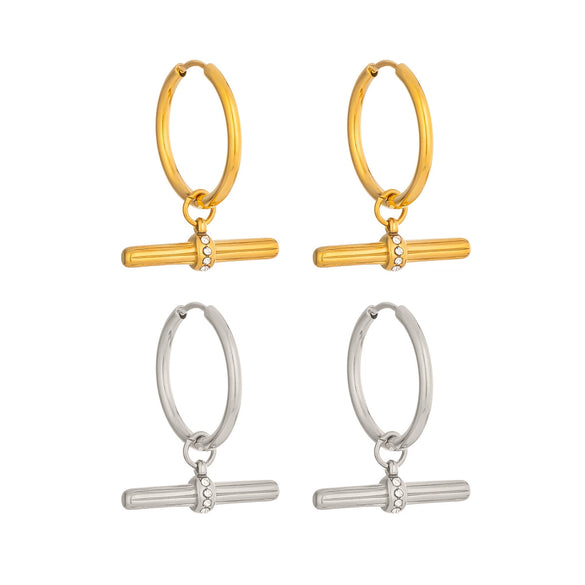 Tshaped Geometric Zircon Pendant Earrings Stainless Steel With Vacuum Pvd Gold Plating Women's French Retro Style