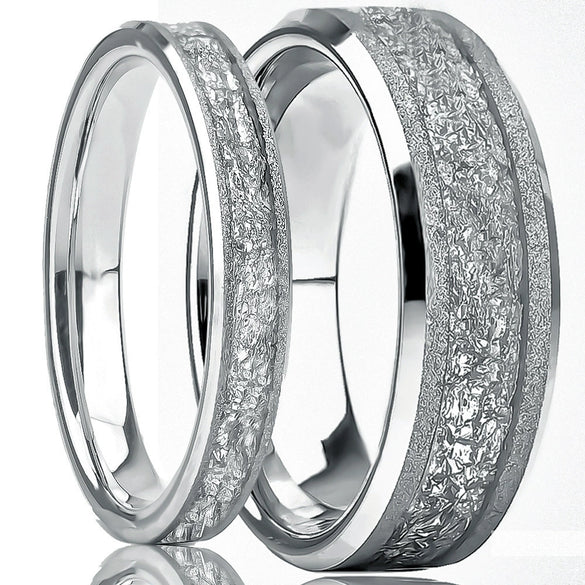 Tungsten Steel Couple Rings With White Gold Electroplating Sandblasted Finish And Silver Foil Inlay Minimalist Geometric Unisex Jewelry