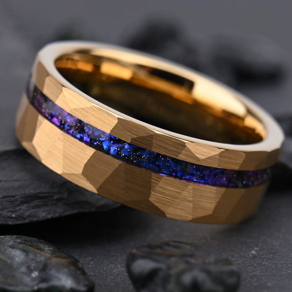 Tungsten Steel Ring With Gold Plated Finish Hammered Geometric Design And Turquoise Inlay Unisex Jewelry