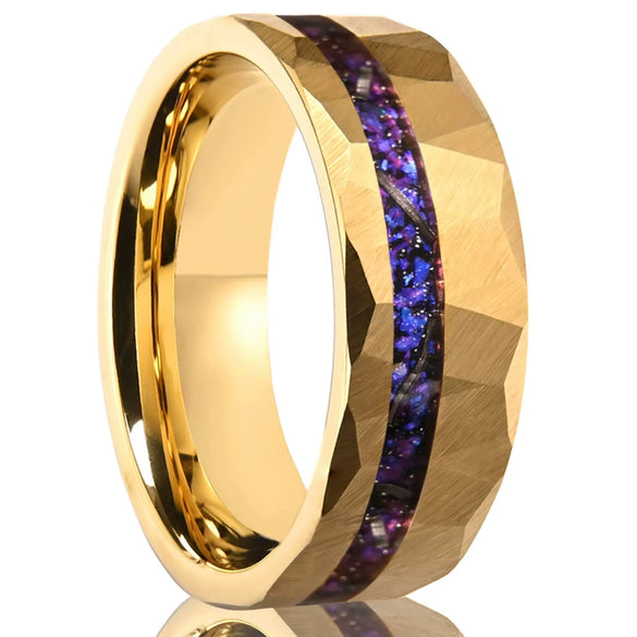 Tungsten Steel Ring With Gold Plated Finish Hammered Geometric Design And Turquoise Inlay Unisex Jewelry