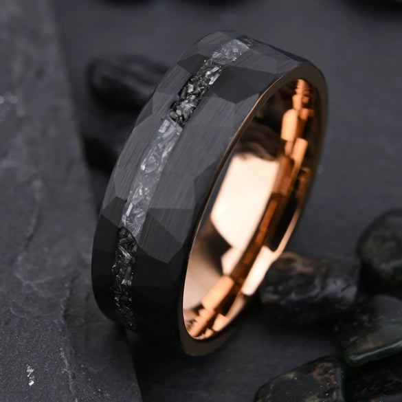 Tungsten Steel Ring With Rose Gold Electroplated Finish Black Hammered Geometric Pattern And Meteorite Inlay Unisex Jewelry