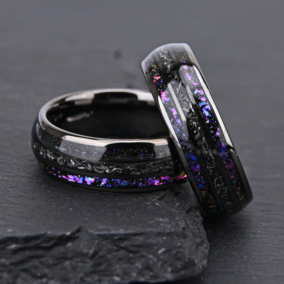 Tungsten Steel Spherical Ring With Gunmetal Black Electroplated Inlay And Meteorite Center Minimalist Geometric Jewelry