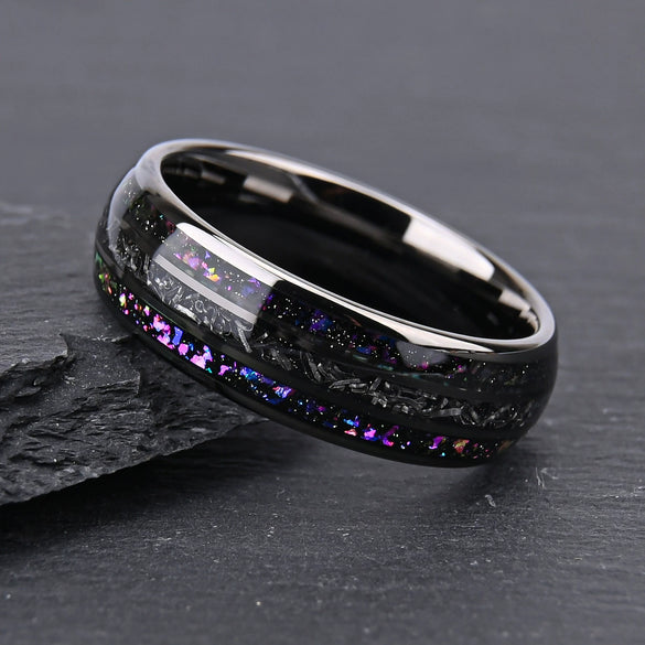Tungsten Steel Spherical Ring With Gunmetal Black Electroplated Inlay And Meteorite Center Minimalist Geometric Jewelry