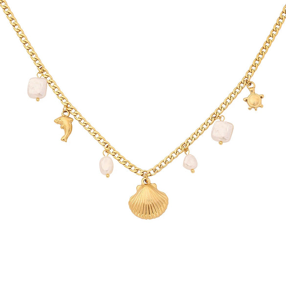 Turquoise Beaded Seahorse Shell Stainless Steel Double Chain Necklace With Animal Pattern And Electroplating