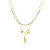 Turquoise Beaded Seahorse Shell Stainless Steel Double Chain Necklace With Animal Pattern And Electroplating
