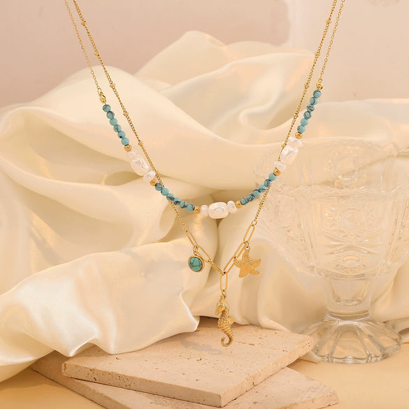 Turquoise Beaded Seahorse Shell Stainless Steel Double Chain Necklace With Animal Pattern And Electroplating