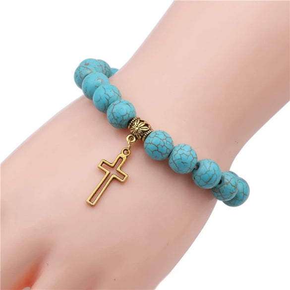 Turquoise Cross Bracelet With Cross Tree Pendant Electroplated Jewelry