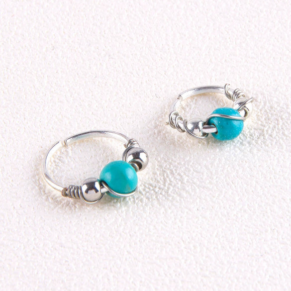 Turquoise Geometric Nose Ring Stainless Steel Body Piercing Jewelry With Alloy Inlaid Artificial Gemstone Design