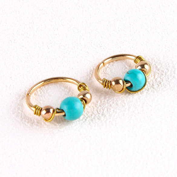 Turquoise Geometric Nose Ring Stainless Steel Body Piercing Jewelry With Alloy Inlaid Artificial Gemstone Design