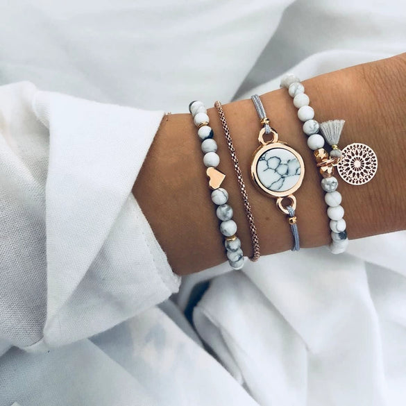Turquoise Tassel Round Stone Fourpiece Tassel Bracelet Alloy Geometry Electroplated