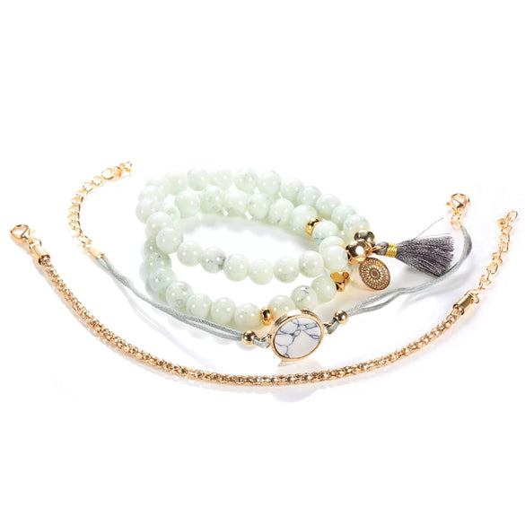 Turquoise Tassel Round Stone Fourpiece Tassel Bracelet Alloy Geometry Electroplated