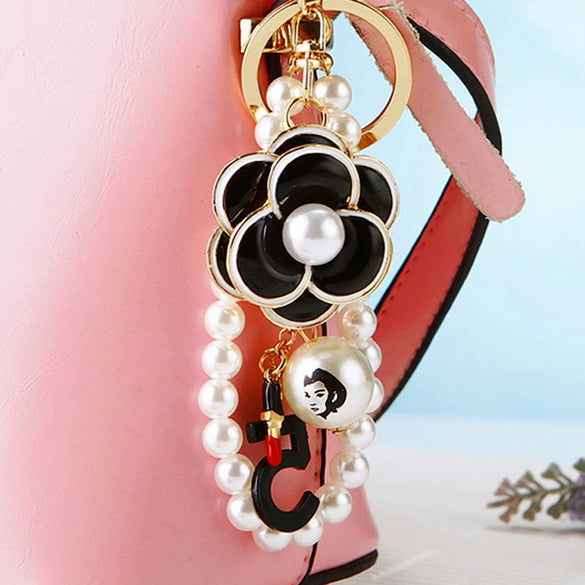 Tweed Style Camellia Metal Car Keychain And Bag Pendant With Diamond Pearl Pendant For Women