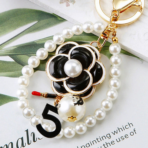 Tweed Style Camellia Metal Car Keychain And Bag Pendant With Diamond Pearl Pendant For Women