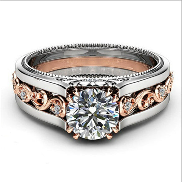 Two Tone Electroplated Hollow Flower Zircon Ring Retro Fashion For Women And Unisex Zinc Alloy