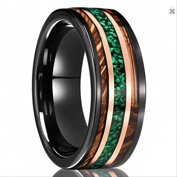 Two Tone Tungsten Steel Ring With Green Opal And Barrel Shaped Wood Inlay Minimalist Geometric Electroplated Unisex Jewelry