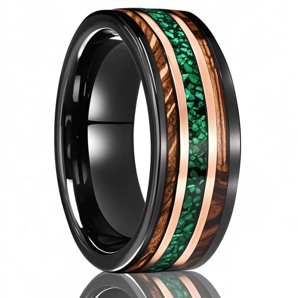 Two Tone Tungsten Steel Ring With Green Opal And Barrel Shaped Wood Inlay Minimalist Geometric Electroplated Unisex Jewelry