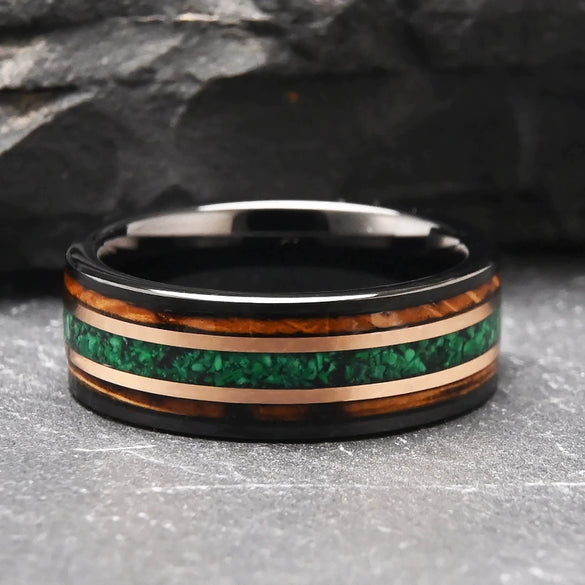Two Tone Tungsten Steel Ring With Green Opal And Barrel Shaped Wood Inlay Minimalist Geometric Electroplated Unisex Jewelry