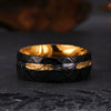 Twotone Electroplated Tungsten Steel Damascus Style Ring With Gold Foil Meteorite Inlay Minimalist Geometric Unisex Jewelry