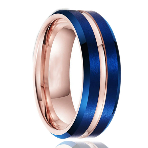 Twotone Rose Gold And Blue Electroplated Tungsten Steel Ring With Sand Finish Geometric Unisex Casual Jewelry