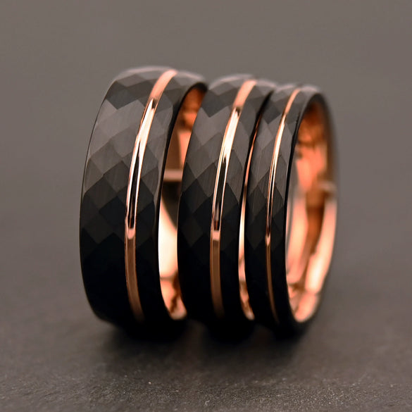 Twotone Tungsten Steel Couple Ring With Rose Gold And Black Diamondshaped Sand Texture Casual Unisex Jewelry