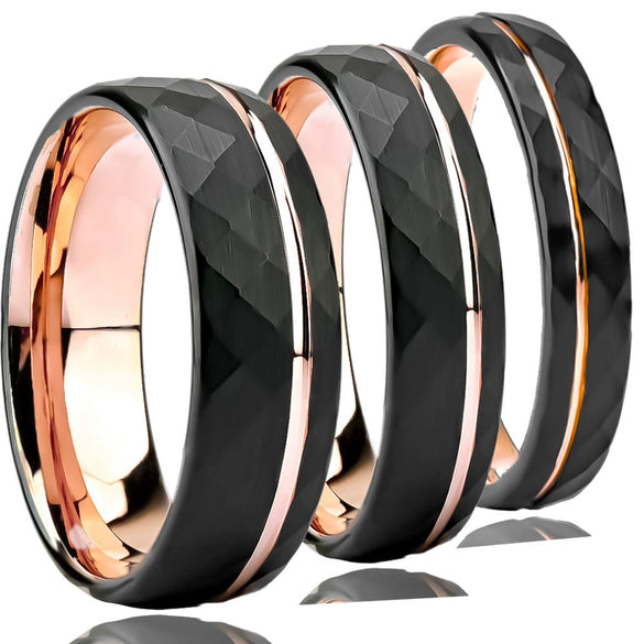 Twotone Tungsten Steel Couple Ring With Rose Gold And Black Diamondshaped Sand Texture Casual Unisex Jewelry
