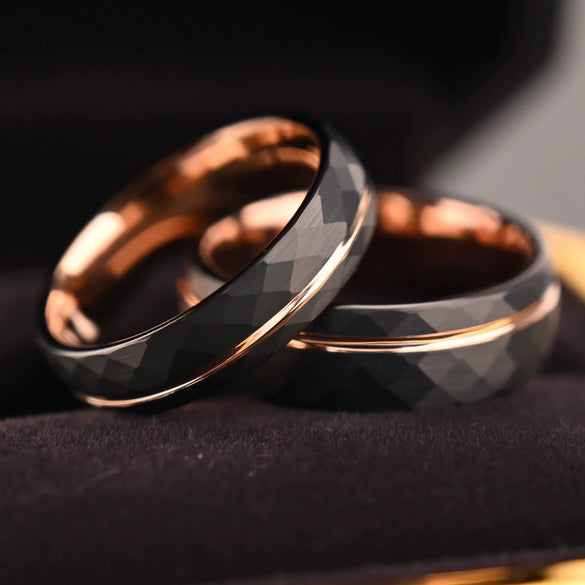 Twotone Tungsten Steel Couple Ring With Rose Gold And Black Diamondshaped Sand Texture Casual Unisex Jewelry