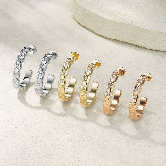 Unique Diamondstudded Cshaped Electroplated Titanium Steel And Stainless Steel Earrings With Geometric Pattern Unisex Ear Studs